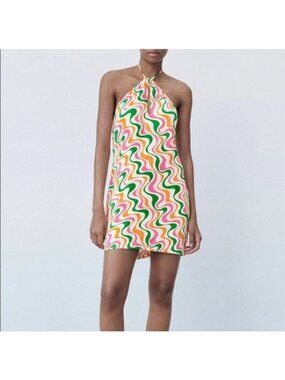 Zara Womens Satin Halter A Line Dress Retro Mini sz M psychedelic Y2K festival